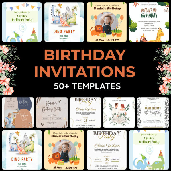 Editable Birthday Invitation Card Bundle – 50+ Canva Templates | Instant Download